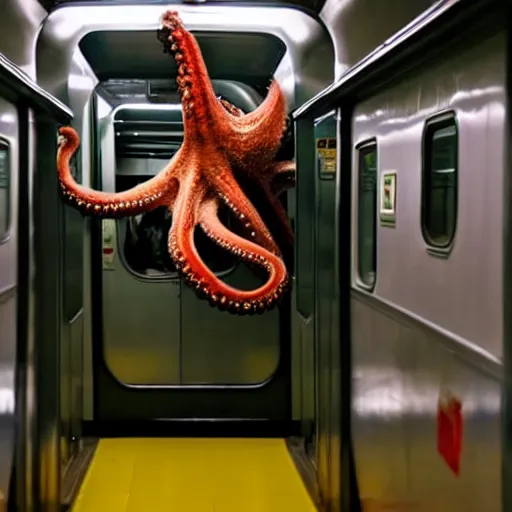 Image similar to a photo of a giant octopus mindflayer invading a interior of a subway train in new york, cinematic lighting