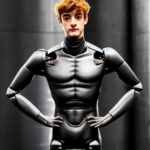 Image similar to “a realistic detailed photo of a guy who is an attractive humanoid who is half robot and half humanoid, who is a male android, twitch streamer Ninja Tyler Blevins, shiny skin, posing like a statue, blank stare”