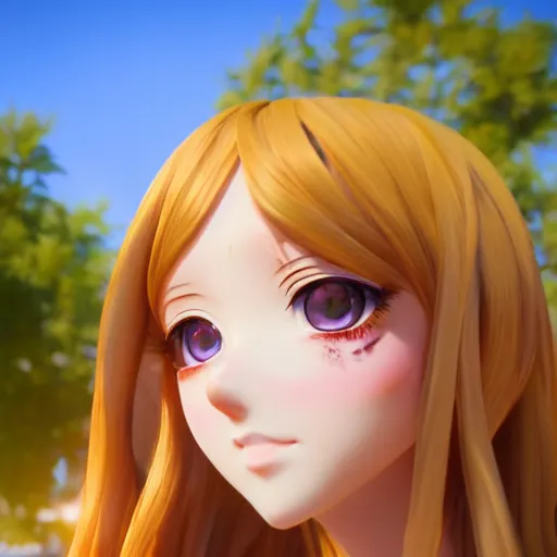 Image similar to Render of a very beautiful 3d anime girl, long hair, hazel eyes, cute freckles, full round face, short smile, cute sundress, golden hour, serene beach setting, medium shot, mid-shot, highly detailed, trending on Artstation, Unreal Engine 4k