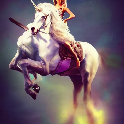 Prompt: a woman resembling olivia newton - john riding a unicorn. sharp colour photograph. soft lighting. depth of field. trending on artstation.