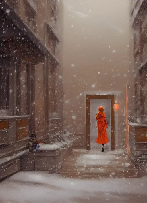 Image similar to back of emma stone in beige coat, orange hair, walking into new york apartment building in winter, opening door, building entrance, snow, zoomed out, artwork by gaston bussiere, craig mullins, trending on artstation