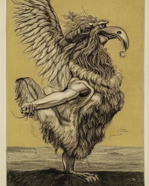 Image similar to human / eagle / lion / ox hybrid with two horns, one big beak, mane, human body. drawn by francis bacon