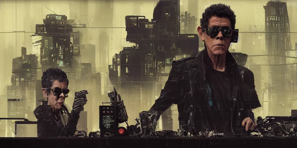 Image similar to lou reed as a cyberpunk dealer, character sheet, concept design, contrast, hot toys, kim jung gi, greg rutkowski, zabrocki, karlkka, jayison devadas, trending on artstation, 8 k, ultra wide angle, pincushion lens effect