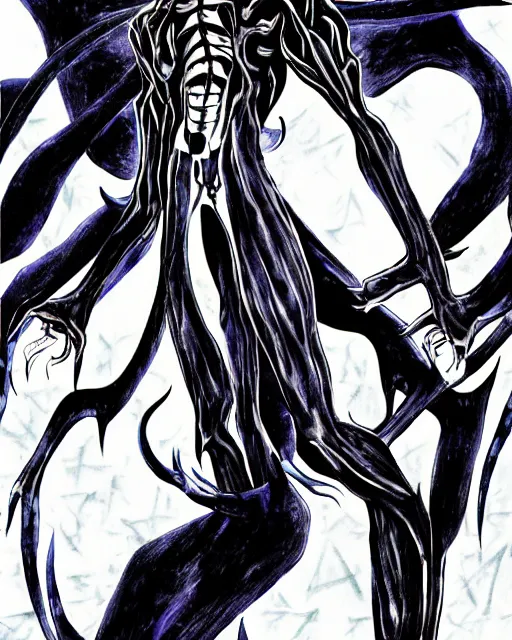 Image similar to shin megami tensei art of a demon called slenderman, art by kazuma kaneko, demonic compedium, digital drawing, high quality, highly detailed