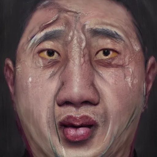 Image similar to face portrait of chinese uyghur muslim prisoner and melting wax, wearing victorian rags, elite, disfigured, drooling, moist, unnatural movement, they are unhappy, bizzaro, baroque, renaissance, by emedios varo and anato finnstark and fenghua zhong, hyperrealism, 8 k, 3 d, masterpiece, texture