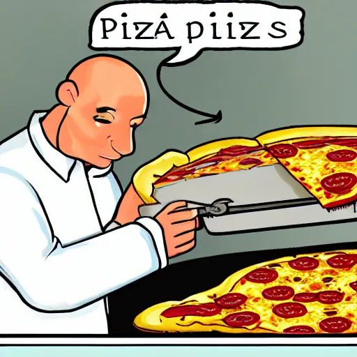 Image similar to a bald black is putting a pizza in the oven while the restaurant owner is yelling at him