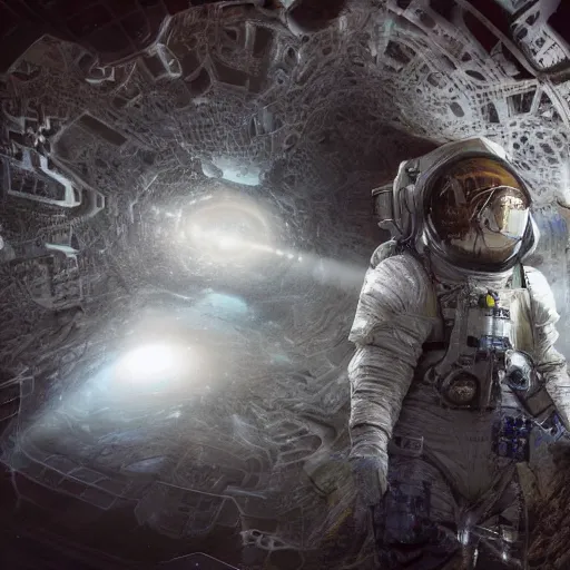 Image similar to concept art by craig mullins astronaut in futuristic dark and empty spaceship underwater. infrared complex and hyperdetailed technical suit. mandelbulb fractal. reflection and dispersion materials. rays and dispersion of light. volumetric light. 5 0 mm, f / 3 2. noise film photo. flash photography. unreal engine 4, octane render. interstellar movie art