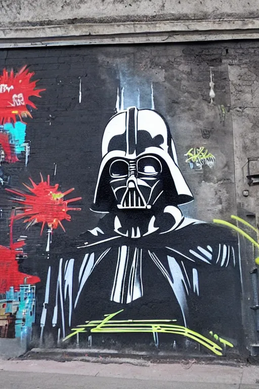 Image similar to darth vader graffiti art in inner city alley on tatooine