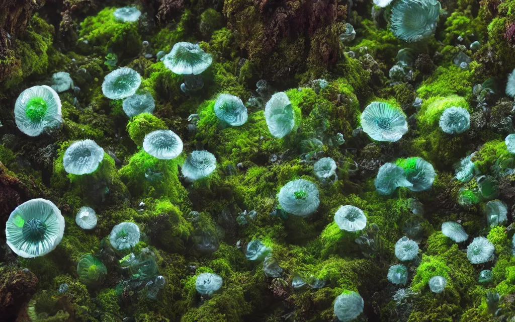 Prompt: a beautiful macro photography of green moss lichens anemones with alien fungus, hyper detailed, warm volumetric lights , made by Gerald Brom and Mike Winkelmann, 8K HD trending on art station