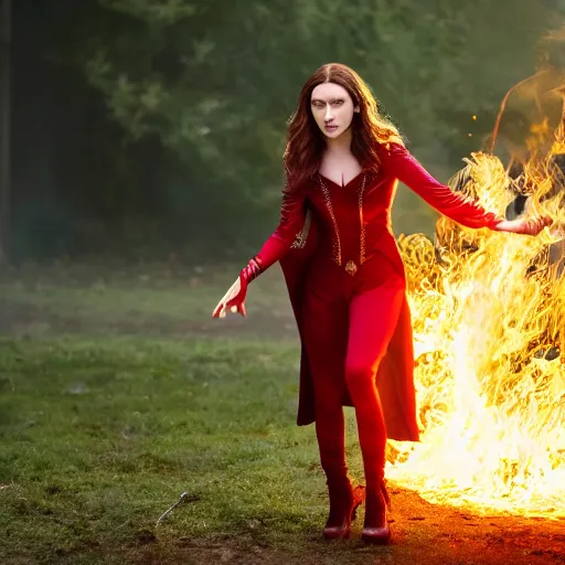 Prompt: high resolution photo of scarlet witch using her powers to light a tree on fire, 4 k, award winning photography.