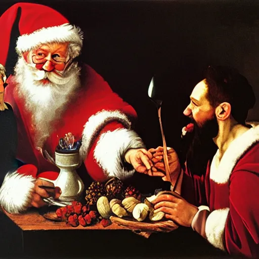 Prompt: Father Christmas eating Turkish Delight. Painted by Caravaggio