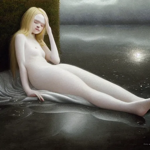 Image similar to Painting of Elle Fanning sleeping in a puddle, long blonde hair, delicate, pale milky white porcelain skin, by Quint Buchholz. 8K. Extremely detailed.