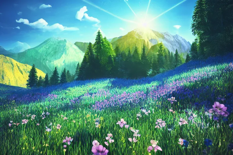 Prompt: mountain landscape in summer, flowers, trees, blue landscape, dreamy light, sunny, floating particles, complementary palette, by and jacek yerga and jesse king, pop surrealist, wiccan, unreal engine, bokeh, detailed