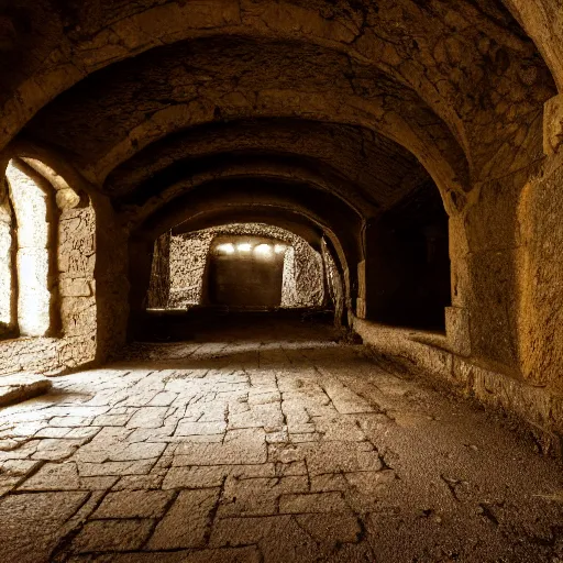 Prompt: a film still of an ancient stone hallway with a dirt floor, the stone wall has ancient stone carvings, sunlight is coming from above, god rays, volumetric lighting, film grain, wide shot