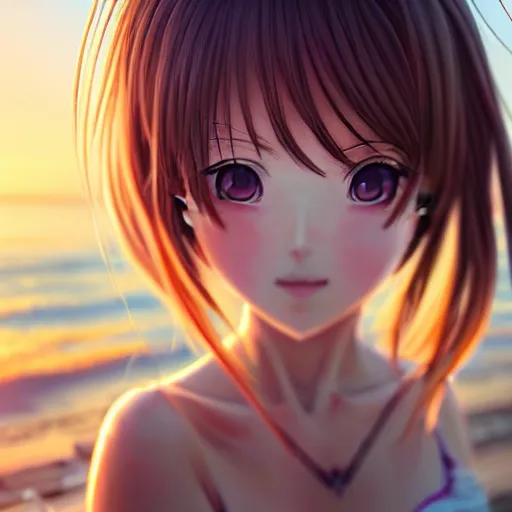 Image similar to beautiful serene intricate very detailed portrait of a realistic anime girl taking a selfie, smiling softly, wearing casual clothes, relaxing on the beach, golden hour, soft focus, 8 k, art by irakli nadar, hyperrealism, hyperdetailed, ultra realistic