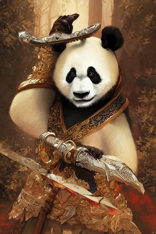 Image similar to a anthropomorphic panda warrior, D&D, fantasy, intricate, highly detailed, digital painting, artstation, concept art, smooth, sharp focus, illustration, art by artgerm and greg rutkowski and alphonse mucha