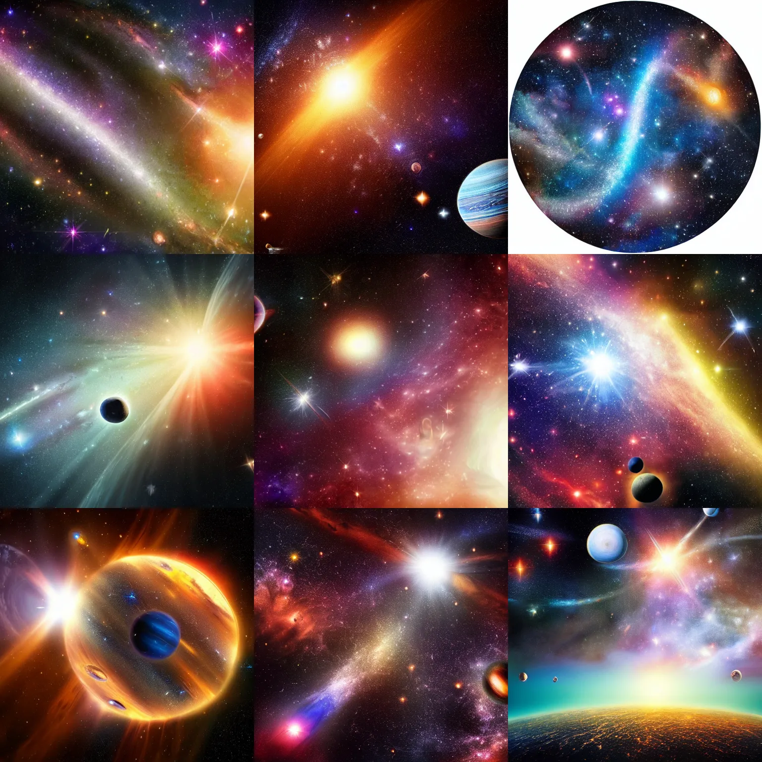 Prompt: massive realistic dark expansive space scene with tiny point source stars of different colors, hubble deep field background, rich powerful intricate detailed realistic artistic, planets with megastructures on them, lens flares
