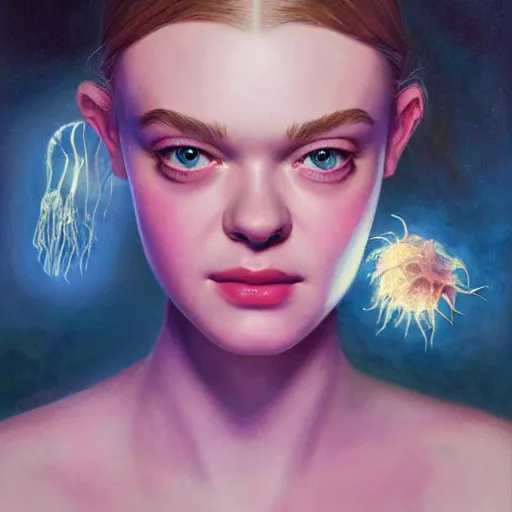 Image similar to ultra realistic portrait painting of elle fanning in prey surrounded by bioluminescent jellyfish, art by frank frazetta, 4 k, ultra realistic, highly detailed, epic lighting