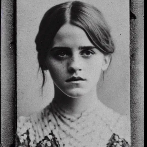 Image similar to victorian photograph of emma watson, 1 8 9 0 s photography, 1 9 0 0, realistic face, symmetrical face, studio photograph, grainy, edwardian, old photo