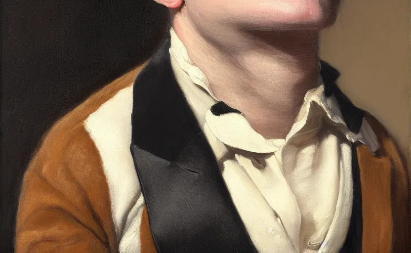 Image similar to a head - and - shoulders portrait of an amazon milk frog looking off camera wearing a black suit jacket, tan vest, and white ascot, an american romanticism painting, a portrait painting, cgsociety, soft focus, oil on canvas