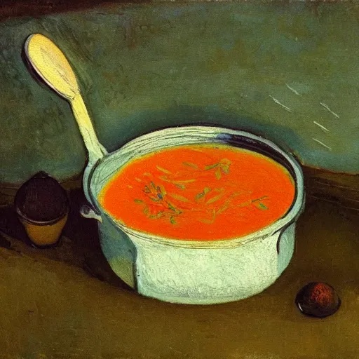 Image similar to the cat cooks soup, stirring a pot with a ladle, oil painting, drawn by Van Gogh, trending in Artstation, artstationHD, 4k