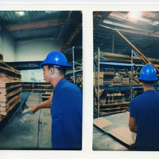 Prompt: a polaroid photo of man doing sort things into sort machines in lazada logistics warehouse, he's wearing blue cloth and construction hat,, photo from behind, highly details, perfect face shape, cinematic lighting,