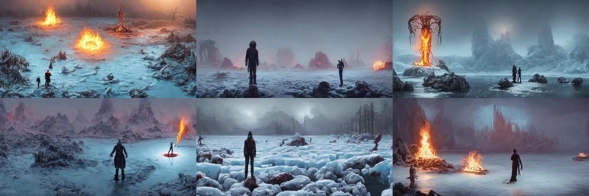 Prompt: An ultrawide shot of a surreal icy lake with a necromancer standing in center, holding an anatomically correct human heart on fire with blazing flames by HR Giger Simon Stålenhag greg rutkowski, an epic fantasy, dramatic lighting, cinematic, establishing shot, extremely high detail, photorealistic, cinematic lighting, artstation, by simon stalenhag, horizon forbidden west ray tracing rendered in octane 8k 3d light study