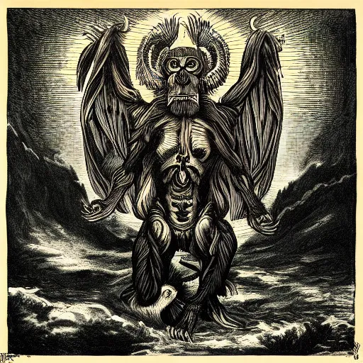 Image similar to mandrill descending from heaven, in the style of deathspell omega's fas album cover, illustration, detailed