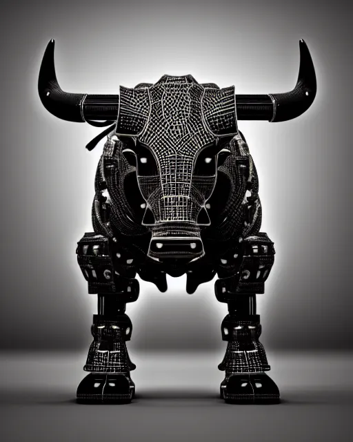 Image similar to a full body shot of an imposing cyborg bull modeled after a bull looking into the camera, contrast lighting, black skin!!!, intricate pattern, hard rubber chest, highly detailed, android, cyborg, full body shot, intricate, 3 d, symmetrical, octane render, fantasy, highly detailed, digital art, artstation, strong bokeh, black face