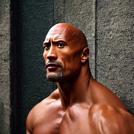 Prompt: closeup portrait of a Dwayne Johnson , new york back street , by Steve McCurry and David Lazar, natural light, detailed face, CANON Eos C300, ƒ1.8, 35mm, 8K, medium-format print