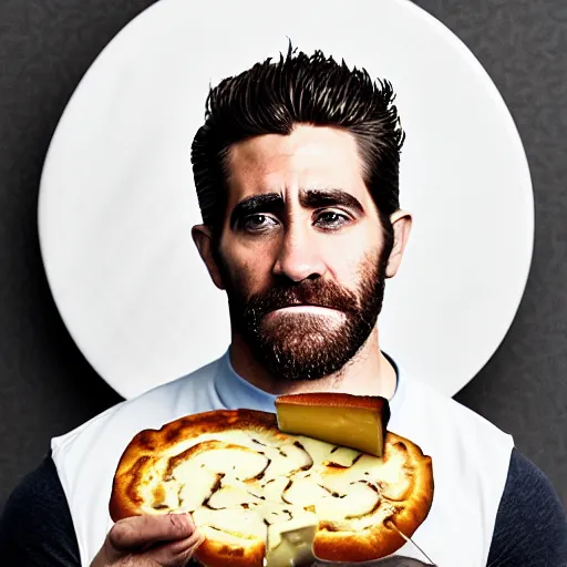 Image similar to food photography of jake gyllenhaal's face fused with halloumi cheese ( ( white halloumi cheese hybrid with jake gyllenhaal face ) ), jake gyllenhaal sentient cheese man, by greg rutkowski