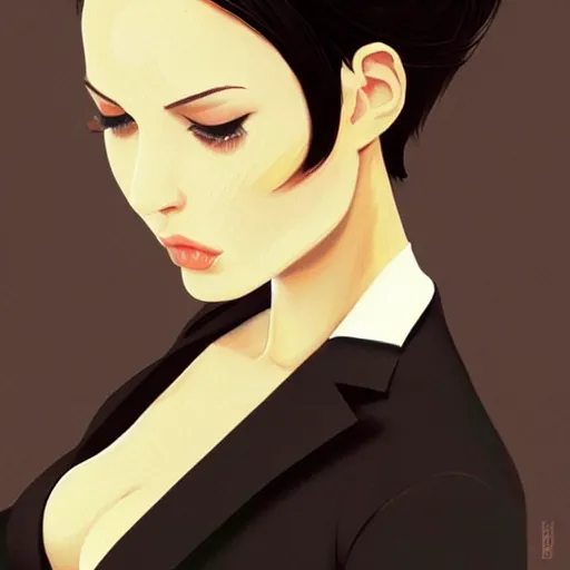 Image similar to slim girl in tuxedo with short black hair, elegant, 2d, ultra highly detailed, digital painting, smooth, sharp focus, artstation, art by Ilya Kuvshinov