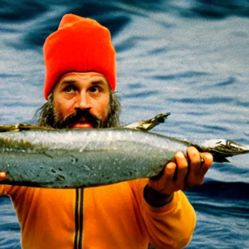 Image similar to photograph of steve zissou holding out a sardine for the loch ness monster, long shot