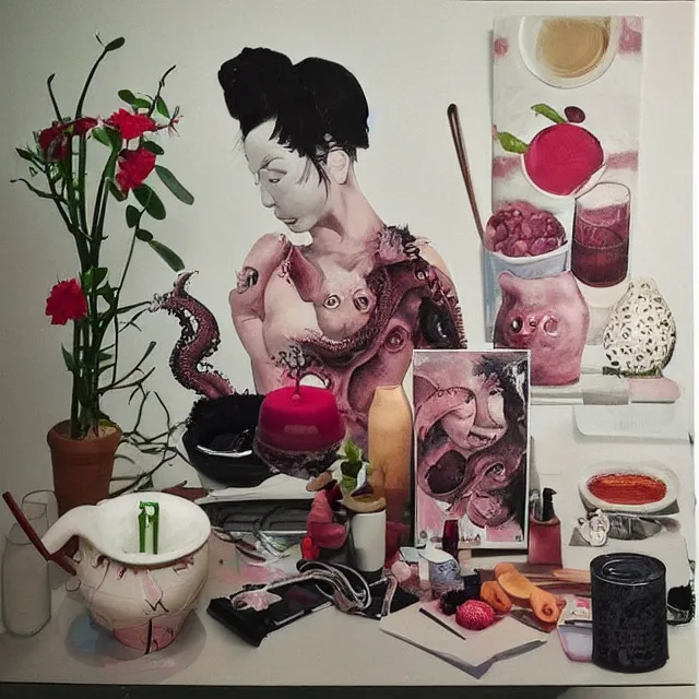 Prompt: “ a portrait in a female art student ’ s apartment, sensual, a pig theme, art supplies, surgical iv bag, octopus, ikebana, herbs, a candle dripping white wax, japanese pottery, squashed berries, berry juice drips, acrylic and spray paint and oilstick on canvas, surrealism, neoexpressionism ”