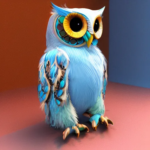 Prompt: thai cute owl, charactor, with big sweet eyes, blue, gothic, steam punk, thai dance suit, hyper detailed, stylistic, symmetrical, 3 d render, photorealitic, 8 k. octane render