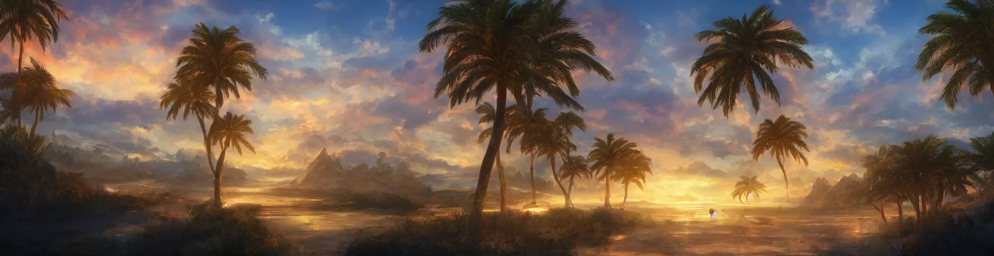 Prompt: Beautiful magical palm beach, trending on artstation, 30mm, by Noah Bradley