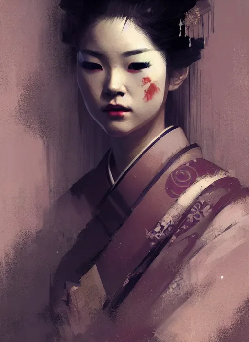 Image similar to female geisha girl, night vision, beautiful face, rule of thirds, intricate outfit, spotlight, by greg rutkowski, by jeremy mann, digital painting