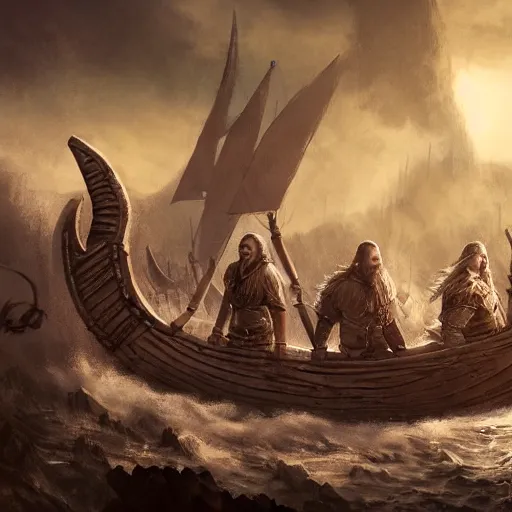 Prompt: vikings dismounting off their longship to invade a moderate sized village, dusk, cinematic, concept art, slight fog, high detail, wide shot, dynamic lighting, sharp focus, high resolution