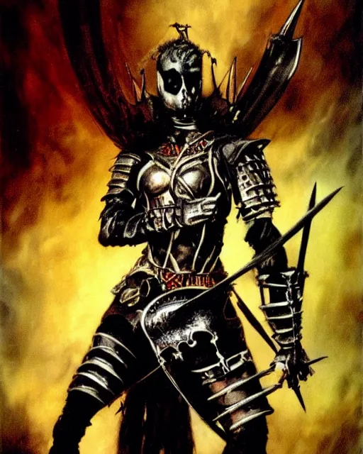 Image similar to portrait of a skinny punk goth warrior wearing armor by simon bisley, john blance, frank frazetta, fantasy, sorceror