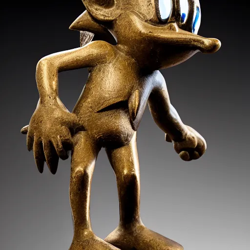 Image similar to sardinia nuragic civilization bronze statuette of sonic the hedgehog displayed in a museum, studio lighting, DSLR, high resolution