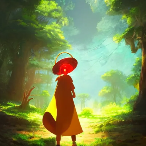 Image similar to concept art painting of an anthropomorphic luffy wearing a yellow cloak, holding a lantern, in the deep forest, realistic, detailed, cel shaded, in the style of makoto shinkai and greg rutkowski and james gurney