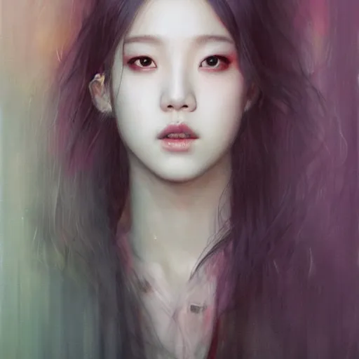 Image similar to jisoo of blackpink, hyperrealistic portrait, bladerunner street, by karol bak and agnes cecile, fantasy art, photo realistic, dynamic lighting, artstation, poster, volumetric lighting, very detailed face, 8 k, award winning