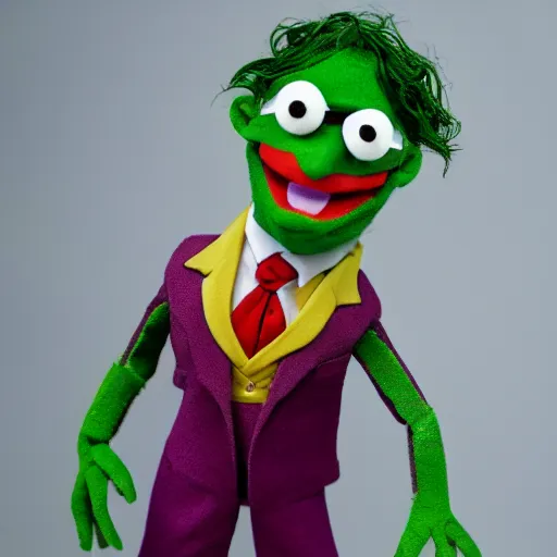 Image similar to the joker as a muppet, high quality photo