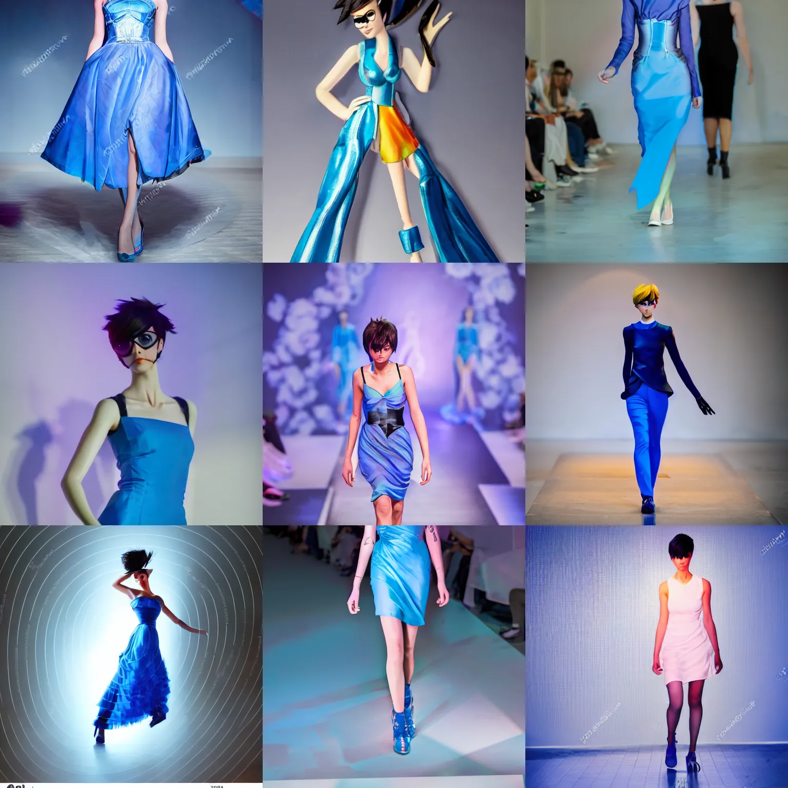 Prompt: runway model with tracer from overwatch face on catwalk in blue dress designer clothes walking on catwalk photo pastel dramatic lighting 80mm