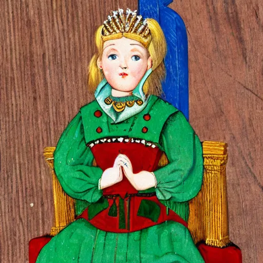 Prompt: a close up portrait of a germanic princess with blonde hair and blue eyes sitting on a wooden throne. she wears a green and red dress. highly detailed