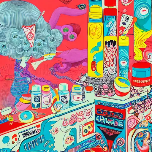 Prompt: pills, powders, acid tabs and syringes by tristan eaton and james jean, chiho aoshima color scheme