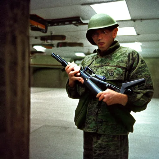 Image similar to a high quality color dutch angle wide shot film 3 5 mm depth of field photograph of a man wearing army fatigues, holding an ak - 4 7 nervously pointing it in front of him getting ready to shoot, in a secret military bunker in antarctica in 1 9 8 2