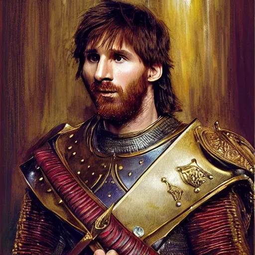 Image similar to attractive lionel messi as attractive king arthur pendragon, natural lighting, high quality, very detailed painting, by gaston bussiere, donato giancola, j. c. leyendecker