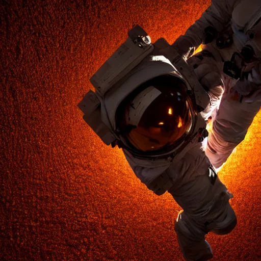 Prompt: photograph of an astronaut, dramatic downlit, against the absolute darkness of space, full body photo,, 8 k