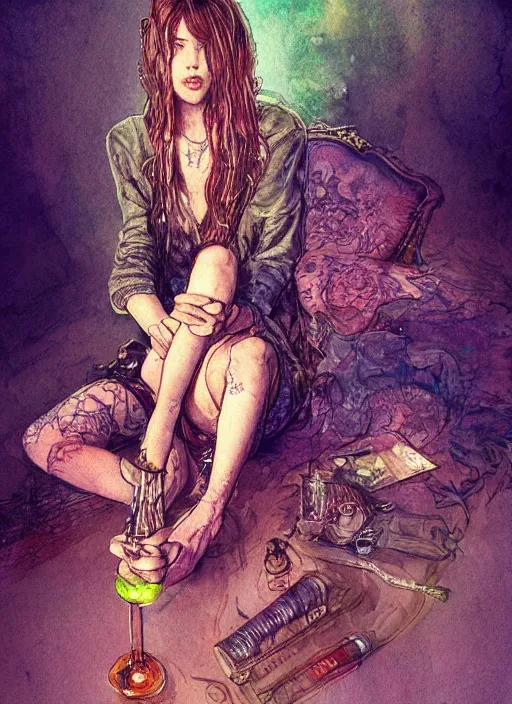 Prompt: portrait, beautiful Stoner hippy girl, sitting cross-legged, smoking a magical bong, watercolor, dramatic lighting, cinematic, establishing shot, extremely high detail, foto realistic, cinematic lighting, pen and ink, intricate line drawings, by Yoshitaka Amano, Ruan Jia, Kentaro Miura, Artgerm, post processed, concept art, artstation, matte painting, style by eddie mendoza, raphael lacoste, alex ross